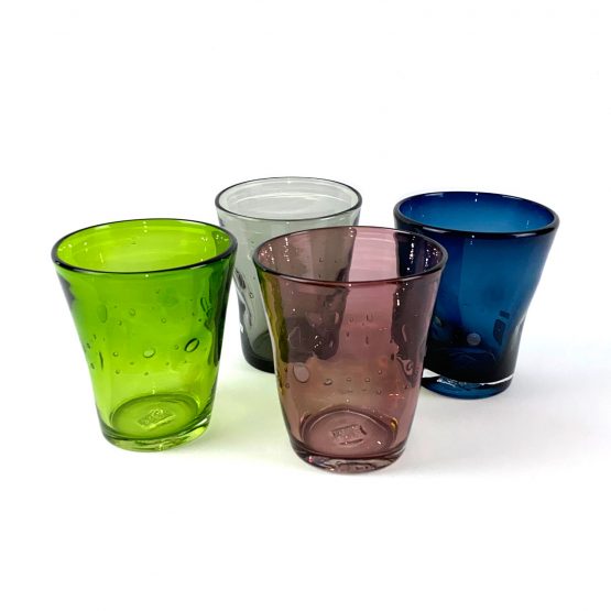 Wasserglas, mundgeblasen, durchfärbten Buntglas,hellgrün, grau, plum, indigo blue