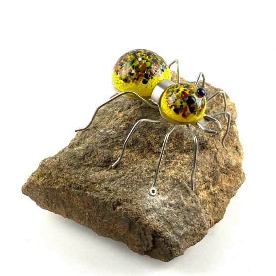 Spinne auf Stein Gelb mit bunten Kröseln