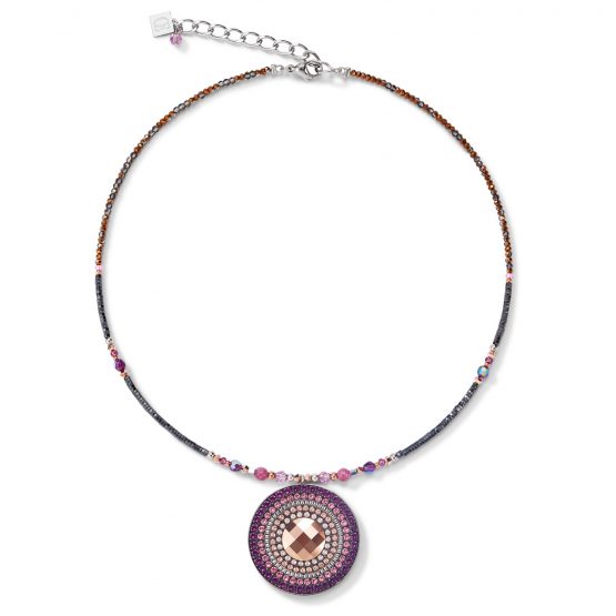 Halskette Amulett in den Beerentönen, in der Mitte geschliffener Swarovski-Kristall in rosegold
