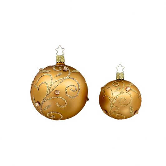 mundgeblasene handgedekorierte Weihnachstskugel in antik-gold matt , brokat, mit kleinen Kristallen